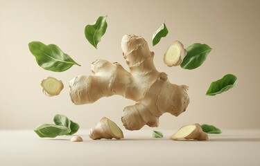 Fototapeta premium A ginger root in midair with basil leaves. conventional medical supplies and health theories.