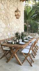 Fototapeta premium Tropical outdoor dining, long wooden table, stone wall, lush foliage, event.