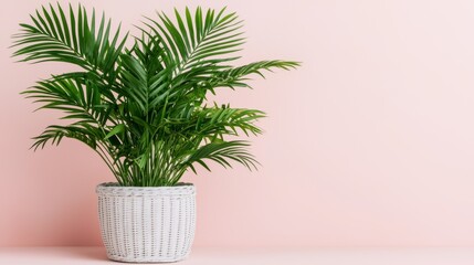 Obraz premium Trendy Indoor Plant in Stylish Woven Planter Against Soft Pink Wall Background