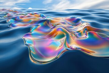 Obraz premium Colorful oil spill on ocean surface, reflecting sky, creating vibrant abstract shapes, showcasing environmental impact, pollution reminder, environment protection concept