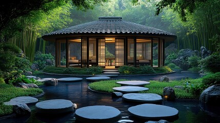 A serene, circular pavilion sits nestled amidst a lush bamboo forest, its windows offering a glimpse into a tranquil interior. 