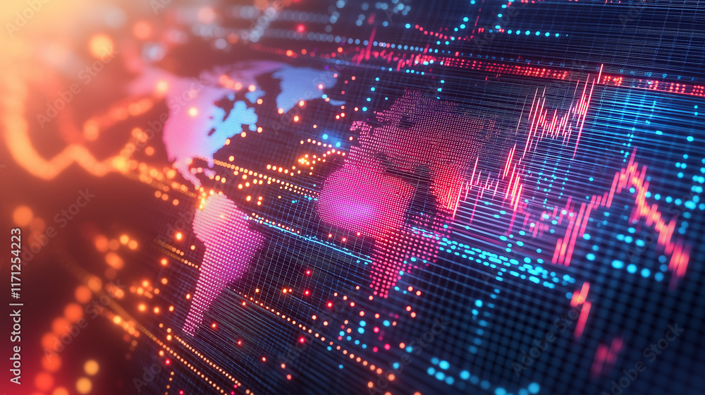 Poster vibrant global economy concept with flowing textures, futuristic data streams, and high-tech hologra