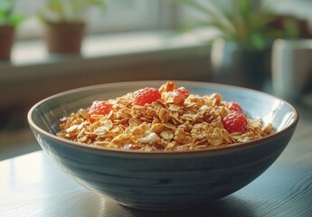 Delicious Granola Bowl with Fresh Raspberries and Nuts on a Wooden Table in Bright Natural Light, Perfect for Healthy Breakfast Ideas and Food Photography