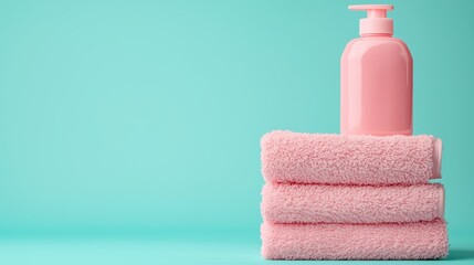 Cozy Pink Towels and Lotion on Turquoise Background for Relaxation and Spa Vibe