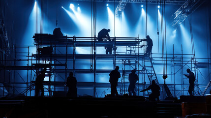 Silhouetted construction workers assembling scaffolding under stage lights.