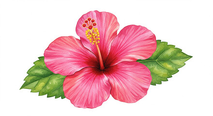 Pink Hibiscus Flower Watercolor Painting Tropical Floral Illustration Botanical Art