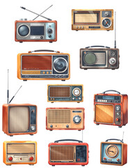 Fototapeta premium Set of retro old broadcast radio collection isolated on transparent background, watercolor, with white tones