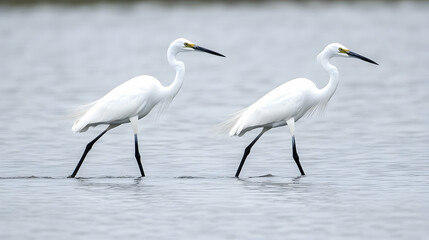 Two Little Egrets wading in shallow coastal water, tranquil background, wildlife photography.