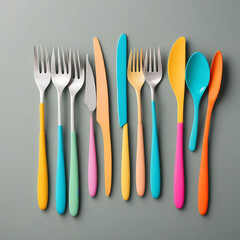 A set of travel utensils including a spork, knife, and reusable straw, neatly arranged on white.