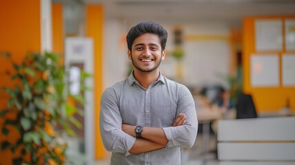 An attractive man Indian employee stands in a contemporary coworking area with his arms crossed, laughing and glancing at the camera.