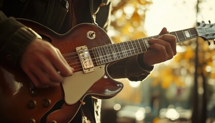 Fototapeta premium Man Performing Classic Guitar Tunes On The Sidewalk In A Retro Fashion, Showcasing His Musical Talents To Passersby On The Street.