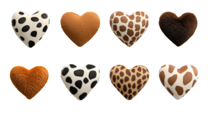 Set of hearts with animal print patterns isolated on transparent background, Valentines day love romantic decoration