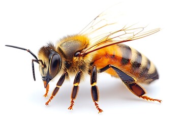 A Detailed Close-Up of a Honey Bee Isolated Against a Clean Background
