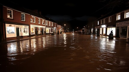 Flooded Town Street at Night: A Somber, Reflective Scene