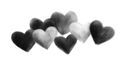 Group of sketched gray black overlapping hearts isolated on transparent background, Valentines day love romantic decoration