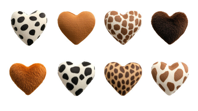 Set of hearts with animal print patterns isolated on transparent background, Valentines day love romantic decoration