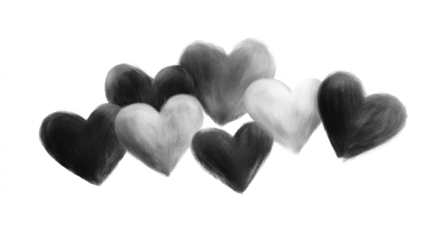 Group of sketched gray black overlapping hearts isolated on transparent background, Valentines day love romantic decoration
