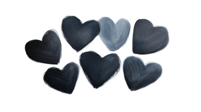 Group of sketched black blue overlapping hearts isolated on transparent background, Valentines day love romantic decoration