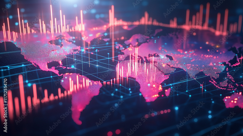 Poster vibrant global economy concept with flowing textures, futuristic data streams, and high-tech hologra