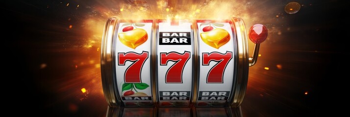 Image of a slot machine display in a casino, concept of gambling, gambling addiction, online casino game, banner	