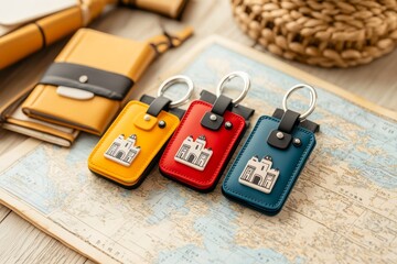 Fototapeta premium A brightly colored keychain with a tourist landmark design, placed on a map and travel guides