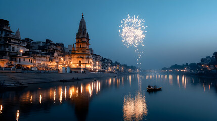 Fototapeta premium Varanasi Riverfront Fireworks, Ghats, India, Night Celebration.