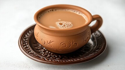 Indian tea culture: a white backdrop with a clay cup with aromatic masala chai