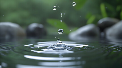 Water droplet splashing in tranquil garden pond, ripples, zen background, nature spa ad.