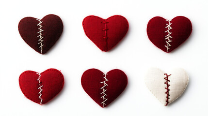 Set of broken red hearts stitched together with thread isolated on white background, Valentines day love romantic decoration
