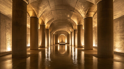 Exploring vast underground chamber with illuminated columns and reflective water surface