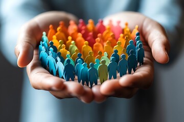 Hands holding colorful figures representing community and unity.