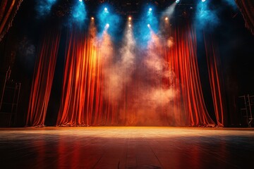 Dramatic concert stage with red curtains spectacular lighting live music theater environment front view performance art