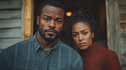 A serious-looking couple stands in front of a wooden cabin door.