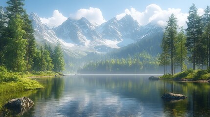 Serene mountain lake reflecting snow-capped peaks under a bright, partly cloudy sky.