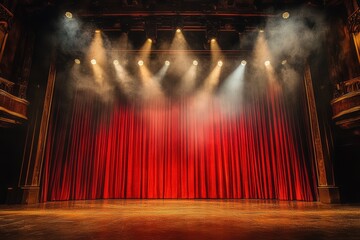 Dramatic concert stage with red curtain and spotlights theater venue performance art indoor environment dramatic viewpoint music concept