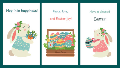 Easter cards with text, hares, eggs, isolated on white background, vector