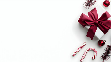 Fototapeta premium White background Christmas gift box banner, red bow, candy canes, ornaments.