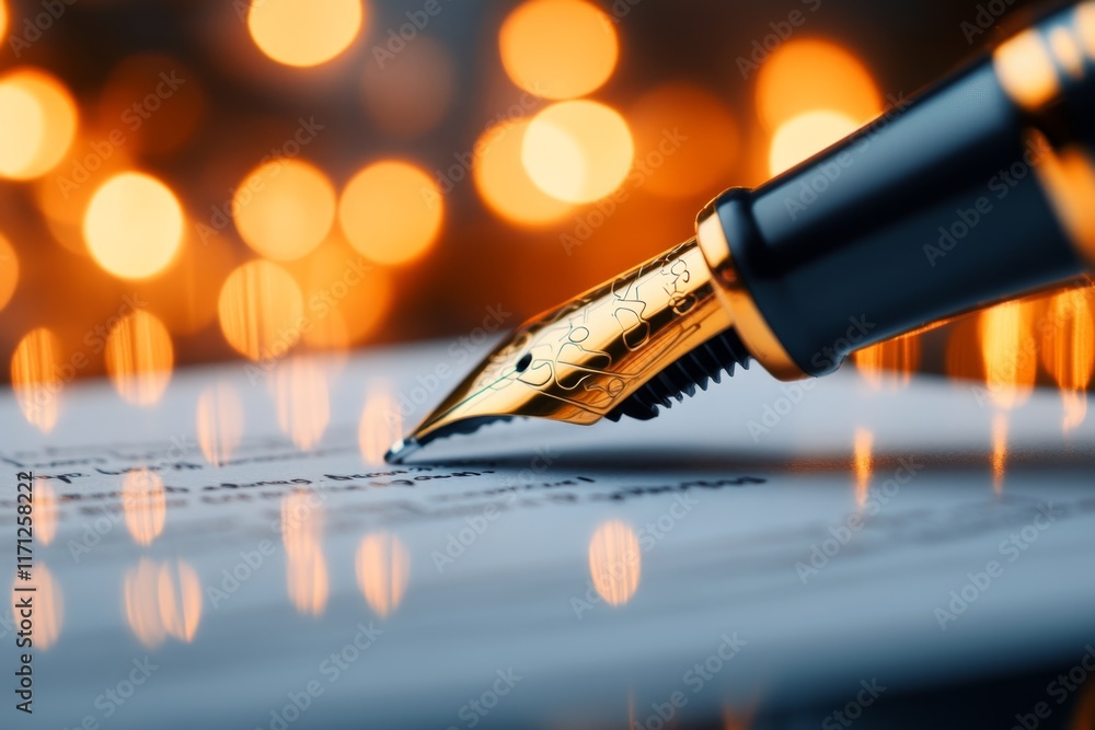 Poster a hyper-realistic close-up of a pen signing an offer letter, capturing the intricate details of the 