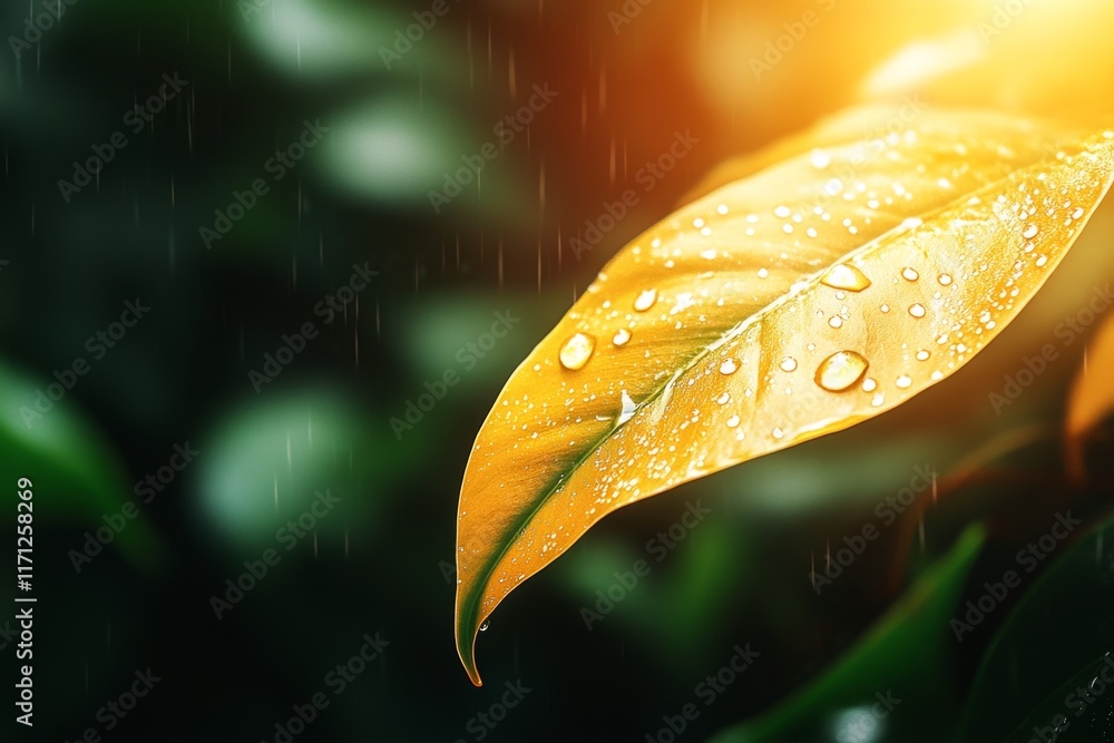Poster a hyper-realistic close-up of a jungle leaf with tiny dewdrops, showing intricate veins and textures
