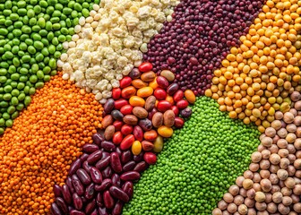 Fototapeta premium A vibrant aerial display of dry grains â€“ beans, lentils, barley, and peas.