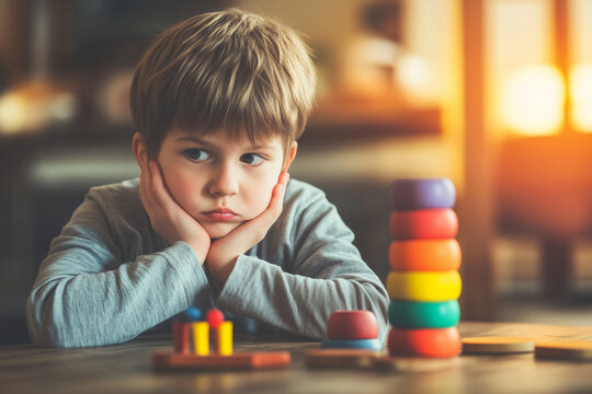 A therapist guiding a child with ADHD through a focus-building activity, using engaging tools and visuals, with copy space. Bright warm light. Therapy room background. 