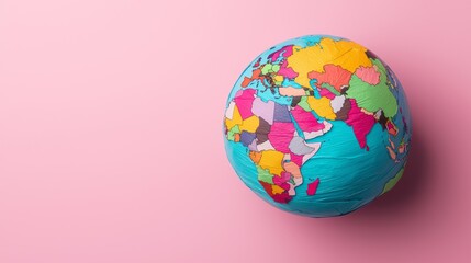 Conceptual Globe Wrapped in Colorful Paper on Pink Background