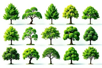 Fototapeta premium Diverse collection of green trees, isolated on white , collection, background