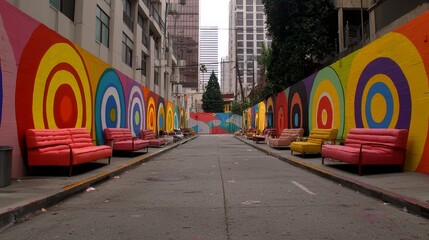 Obraz premium Colorful Alleyway Setup with Sofas and Vibrant Circular Murals for Sale Event