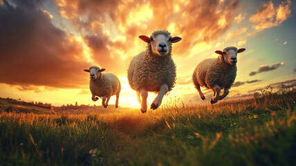 Fototapeta premium running sheep during sunset in a grassfield with a low Angle 