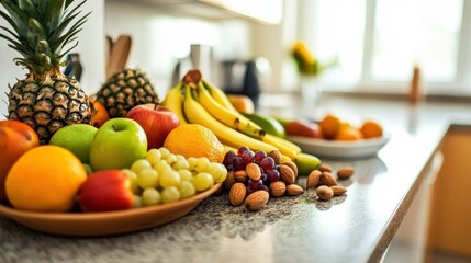 Fresh Fruits and Nuts on Sunlit Kitchen Counter