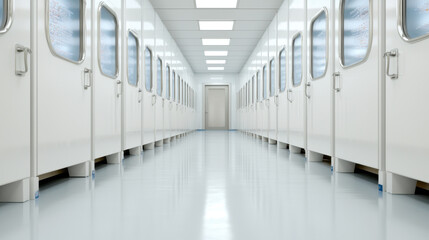 hospital medicine research concept. sterile hospital corridor with bright lighting and closed doors