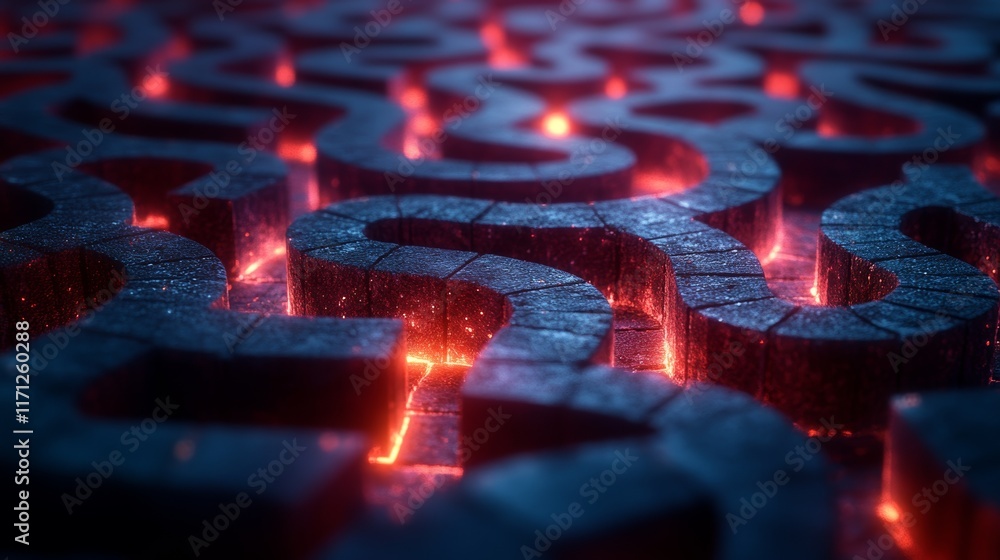 Poster abstract glowing maze of dark stone blocks with red light.