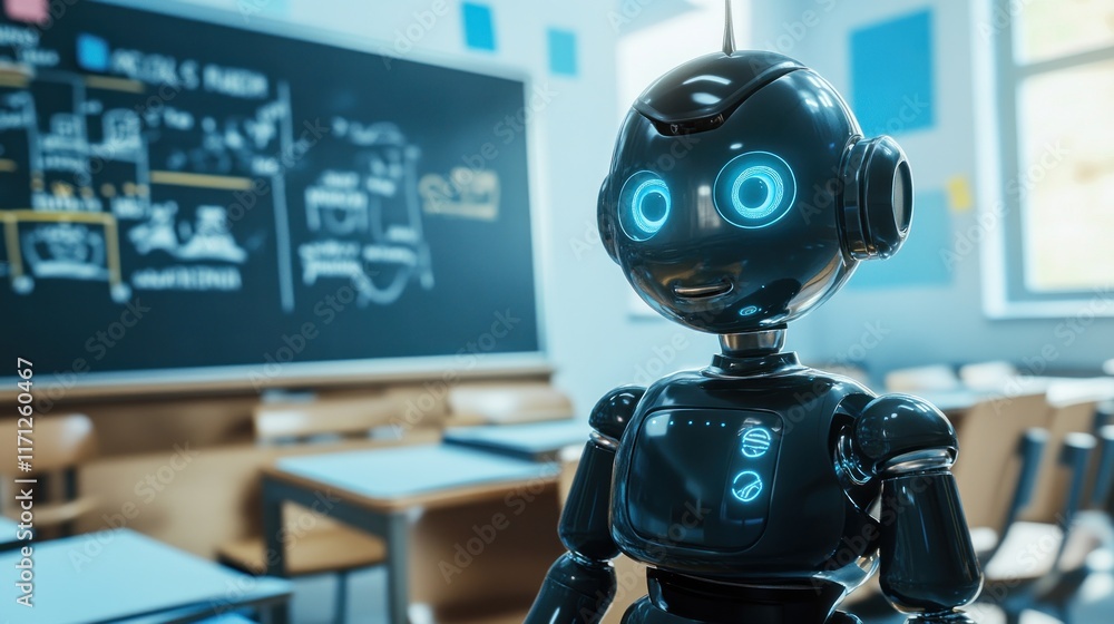 Poster a futuristic robot stands in a classroom, symbolizing technology in education.