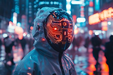 A cyberpunk-inspired khaki green jacket with neon highlights, glowing circuitry, and futuristic details, set against a vibrant urban backdrop
